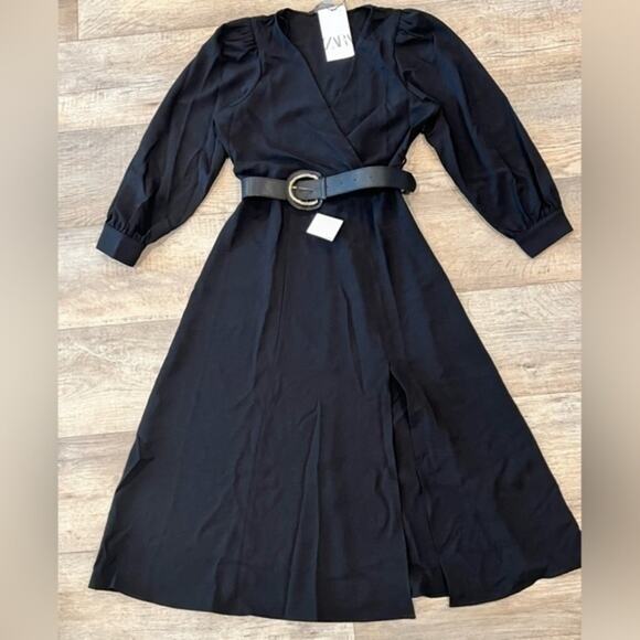 ZARA Black Belted Midi Dress NWT | Blogger Favorite | Long Sleeve Split Hem - Picture 11 of 14